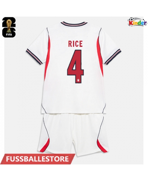 Günstige England Declan Rice #4 Heimtrikotsatz Kinder WM 2026 Kurzarm (+ Kurze Hosen)